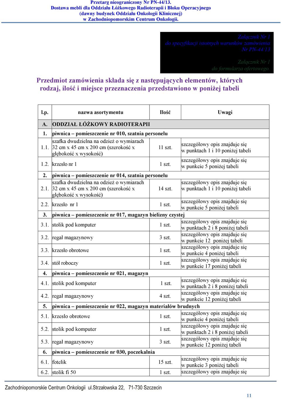 ODDZIAŁ ŁÓŻKOWY RADIOTERAPII 1. piwnica pomieszczenie nr 010, szatnia personelu szafka dwudzielna na odzież o wymiarach 1.1. 32 cm x 45 cm x 200 cm (szerokość x 11 szt. głębokość x wysokość) 1.2. krzesło nr 1 1 szt.