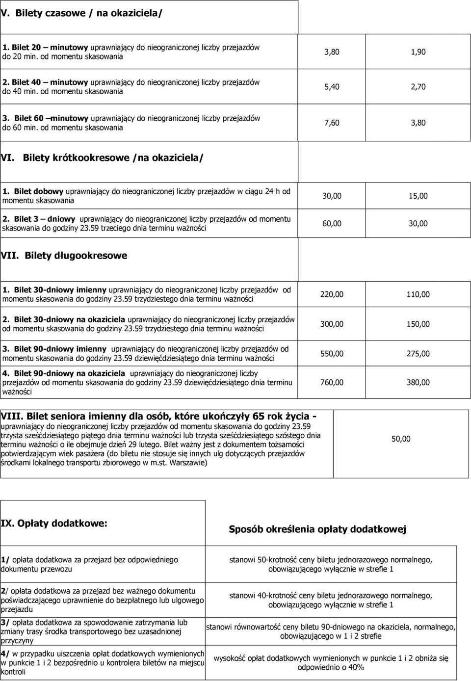 od momentu skasowania 7,60 3,80 VI. Bilety krótkookresowe /na okaziciela/ 1. Bilet dobowy uprawniający do nieograniczonej liczby przejazdów w ciągu 24 h od momentu skasowania 2.