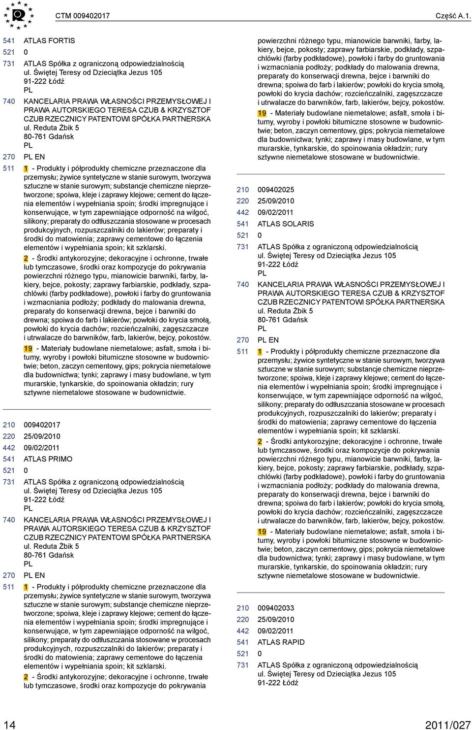 Reduta Żbik 5 8-761 Gdańsk PL PL EN 1 - Produkty i półprodukty chemiczne przeznaczone dla przemysłu; żywice syntetyczne w stanie surowym, tworzywa sztuczne w stanie surowym; substancje chemiczne