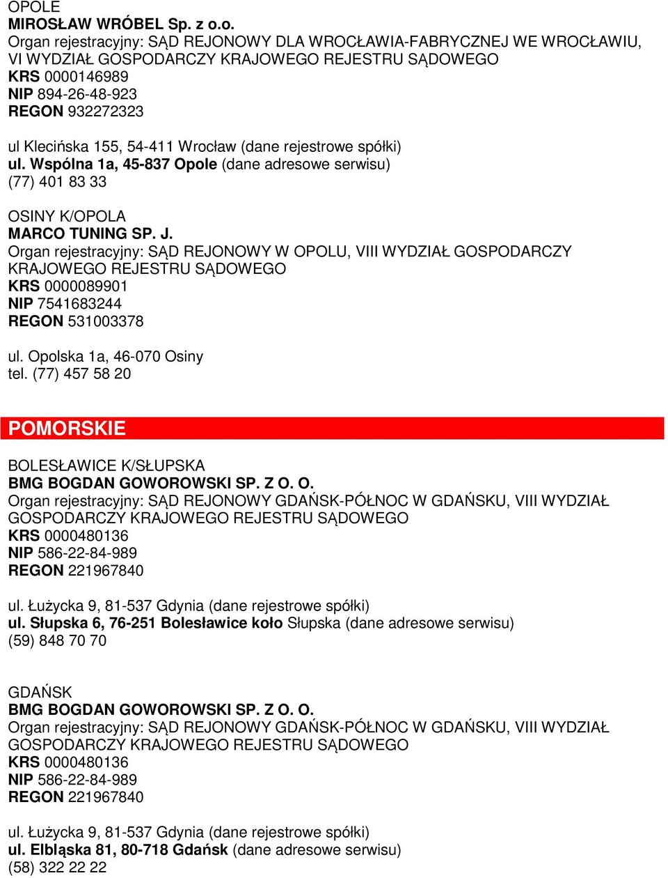 Wspólna 1a, 45-837 Opole (dane adresowe serwisu) (77) 401 83 33 OSINY K/OPOLA MARCO TUNING SP. J.