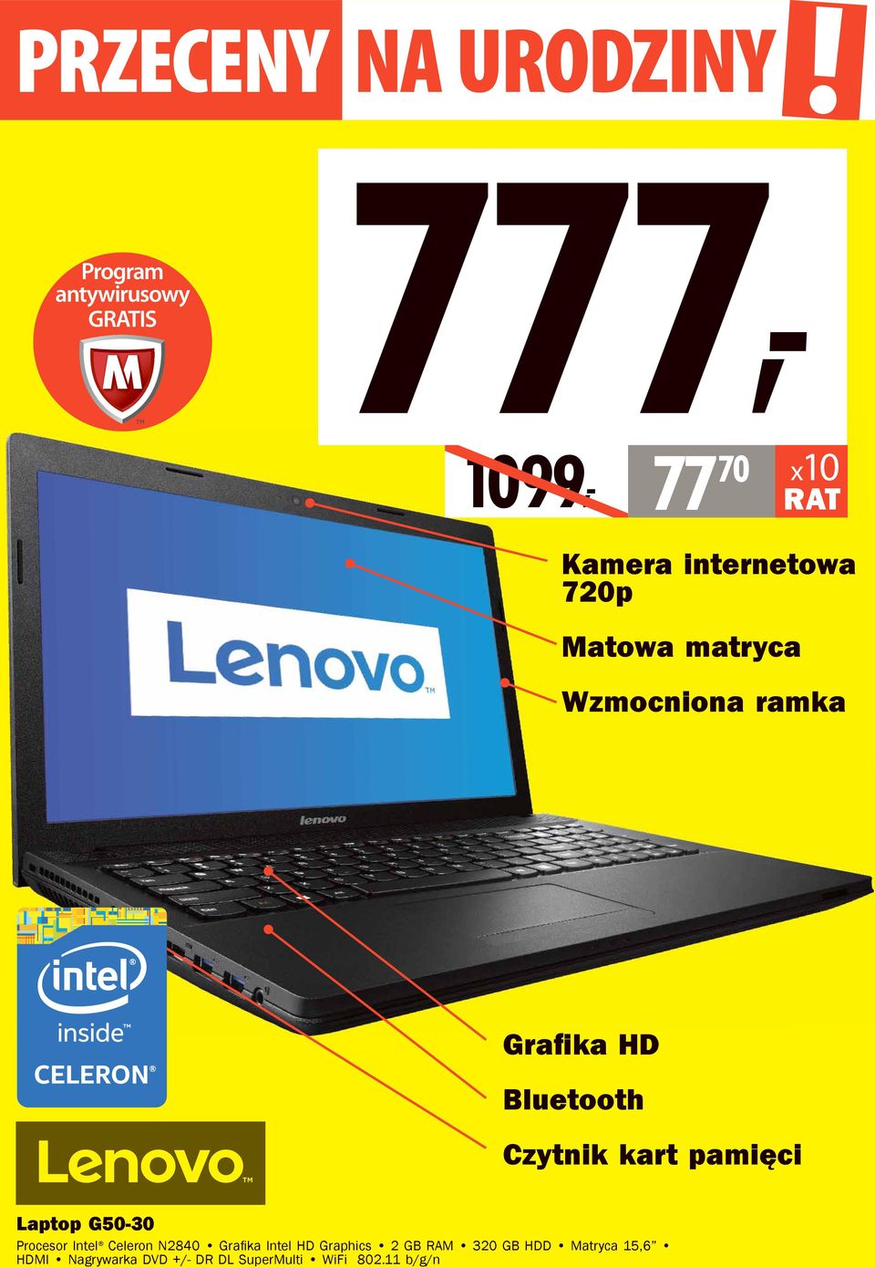 matryca Wzmocniona ramka Grafika HD Bluetooth Czytnik kart pamięci Laptop G50-30