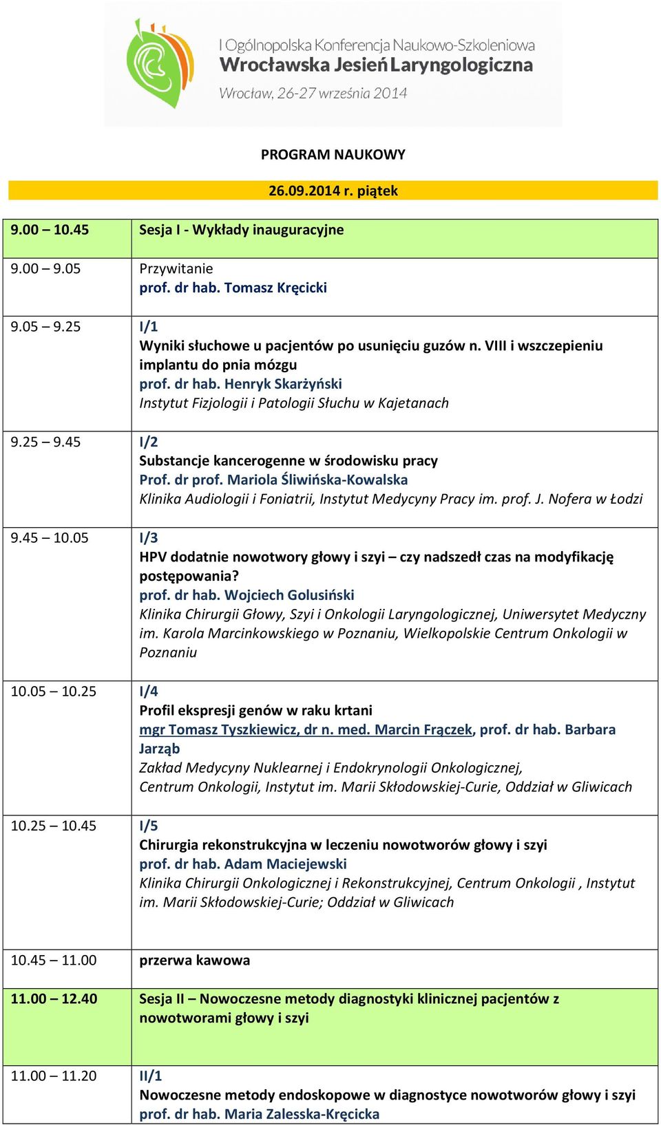 Mariola Śliwińska-Kowalska Klinika Audiologii i Foniatrii, Instytut Medycyny Pracy im. prof. J. Nofera w Łodzi 9.45 10.