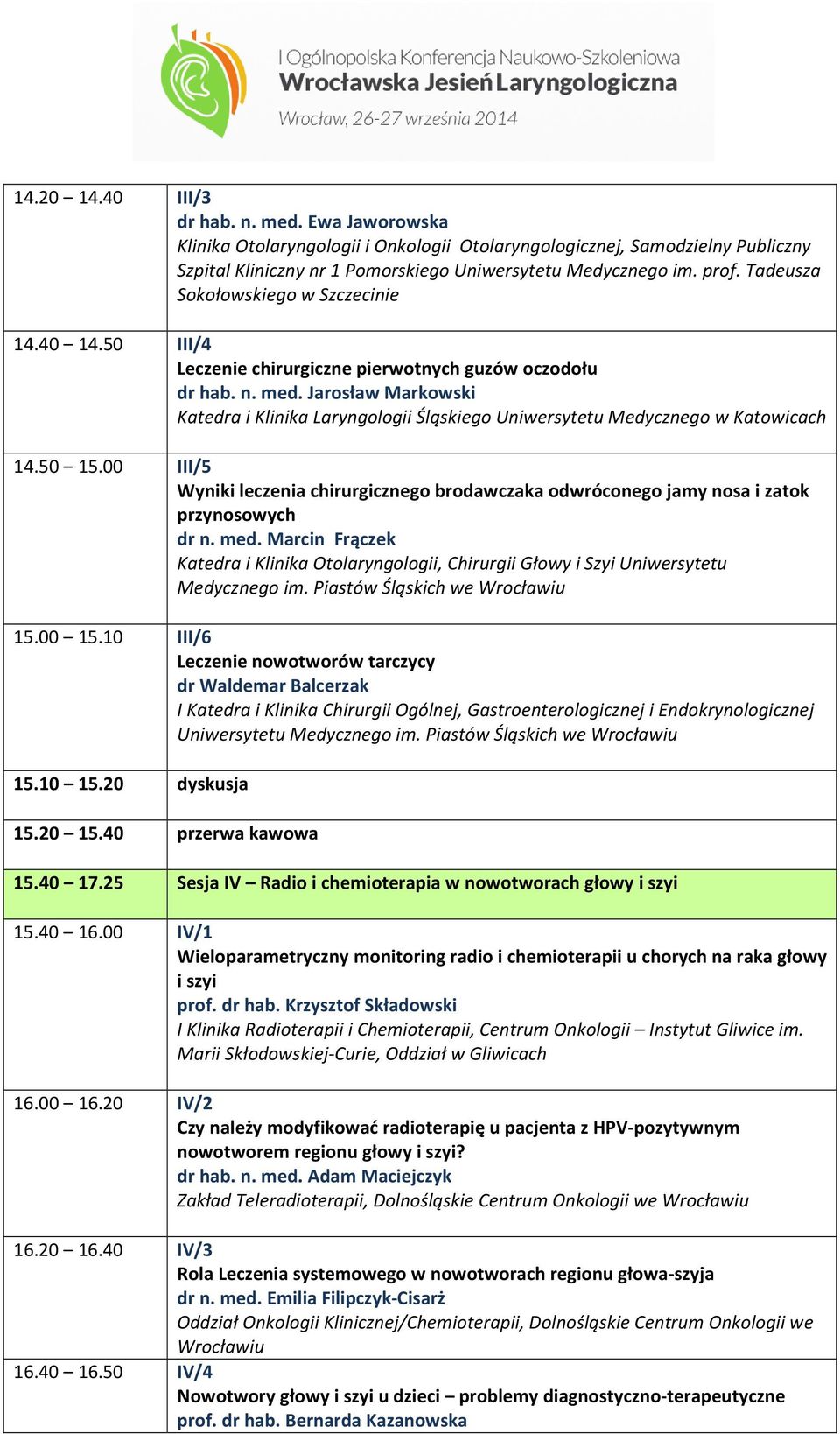 Jarosław Markowski Katedra i Klinika Laryngologii Śląskiego Uniwersytetu Medycznego w Katowicach 14.50 15.