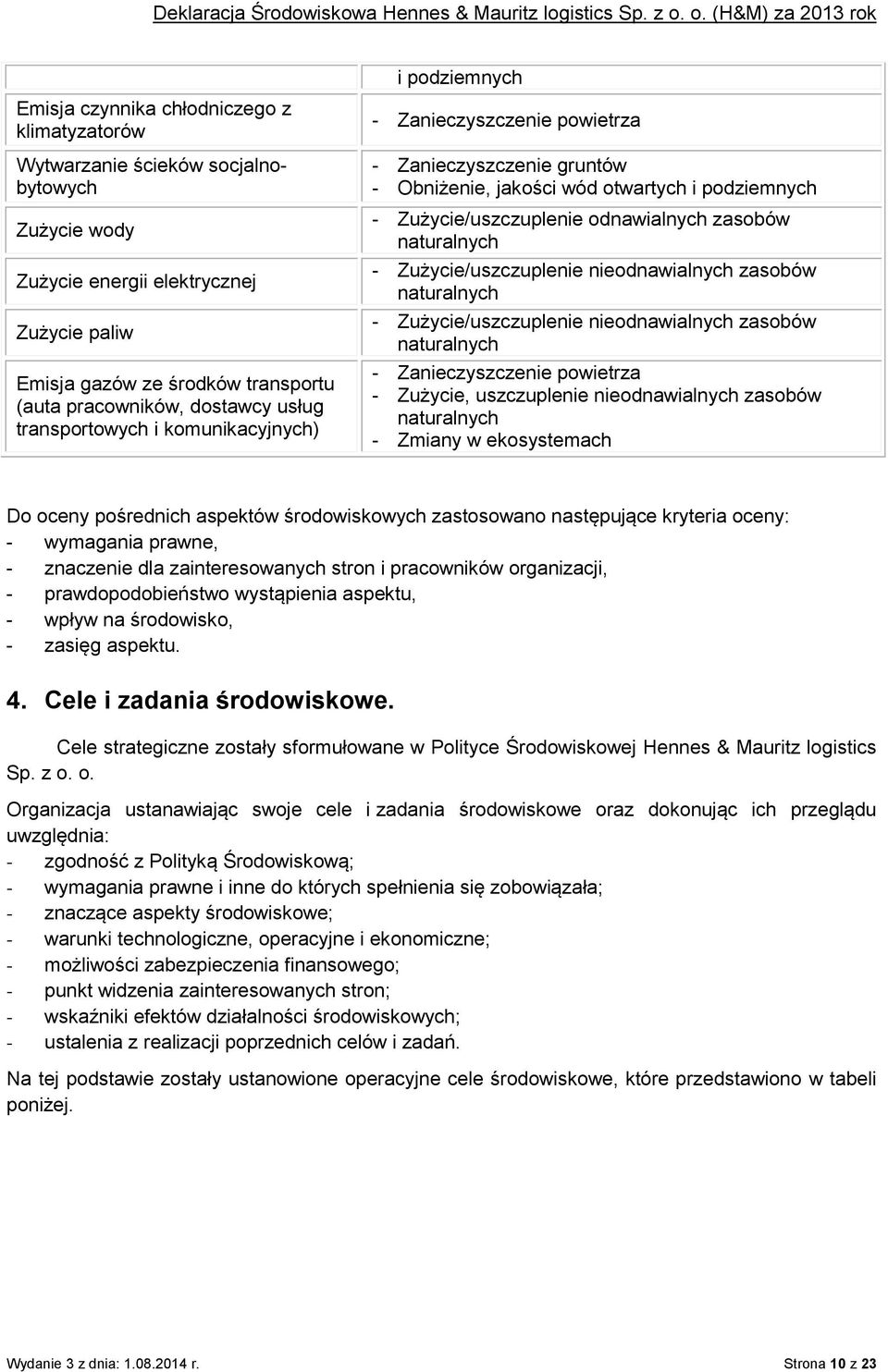 Zużycie/uszczuplenie nieodnawialnych zasobów - Zużycie/uszczuplenie nieodnawialnych zasobów - Zanieczyszczenie powietrza - Zużycie, uszczuplenie nieodnawialnych zasobów - Zmiany w ekosystemach Do