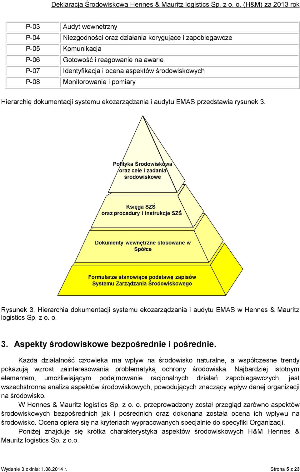 Hierarchia dokumentacji systemu ekozarządzania i audytu EMAS w Hennes & Mauritz logistics Sp. z o. o. 3. Aspekty środowiskowe bezpośrednie i pośrednie.