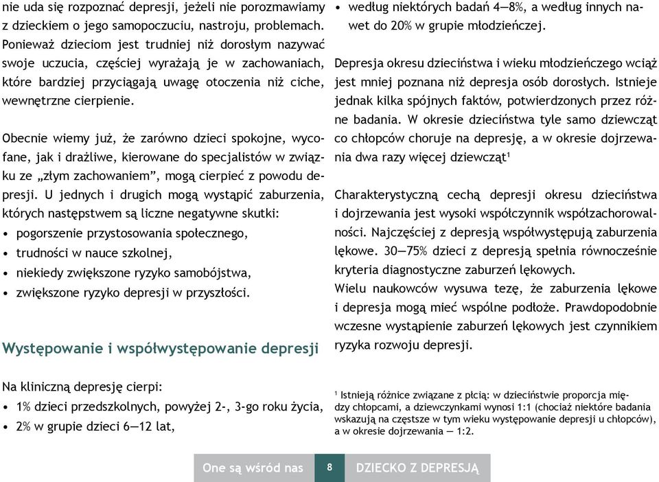 Obecnie wiemy już, że zarówno dzieci spokojne, wycofane, jak i drażliwe, kierowane do specjalistów w związku ze złym zachowaniem, mogą cierpieć z powodu depresji.