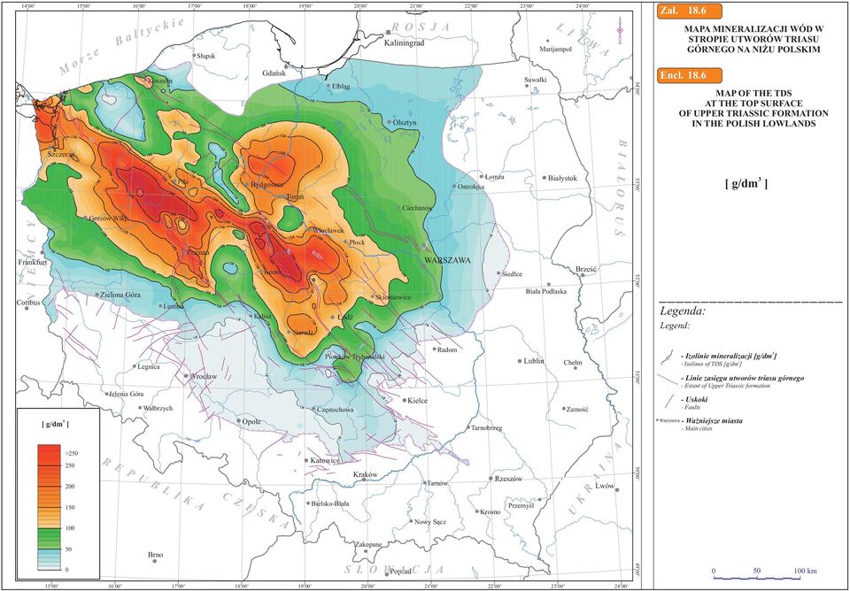 6 W A Słupsk Gdańsk MAPA MINERALIZACJI WÓD W STROPIE UTWORÓW TRIASU GÓRNEGO NA NIŻU POLSKIM Encl. 18.