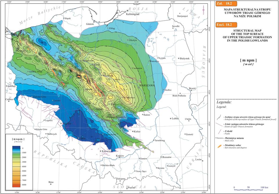 2 W A Słupsk Gdańsk MAPA STRUKTURALNA STROPU UTWORÓW TRIASU GÓRNEGO NA NIŻU POLSKIM Encl. 18.