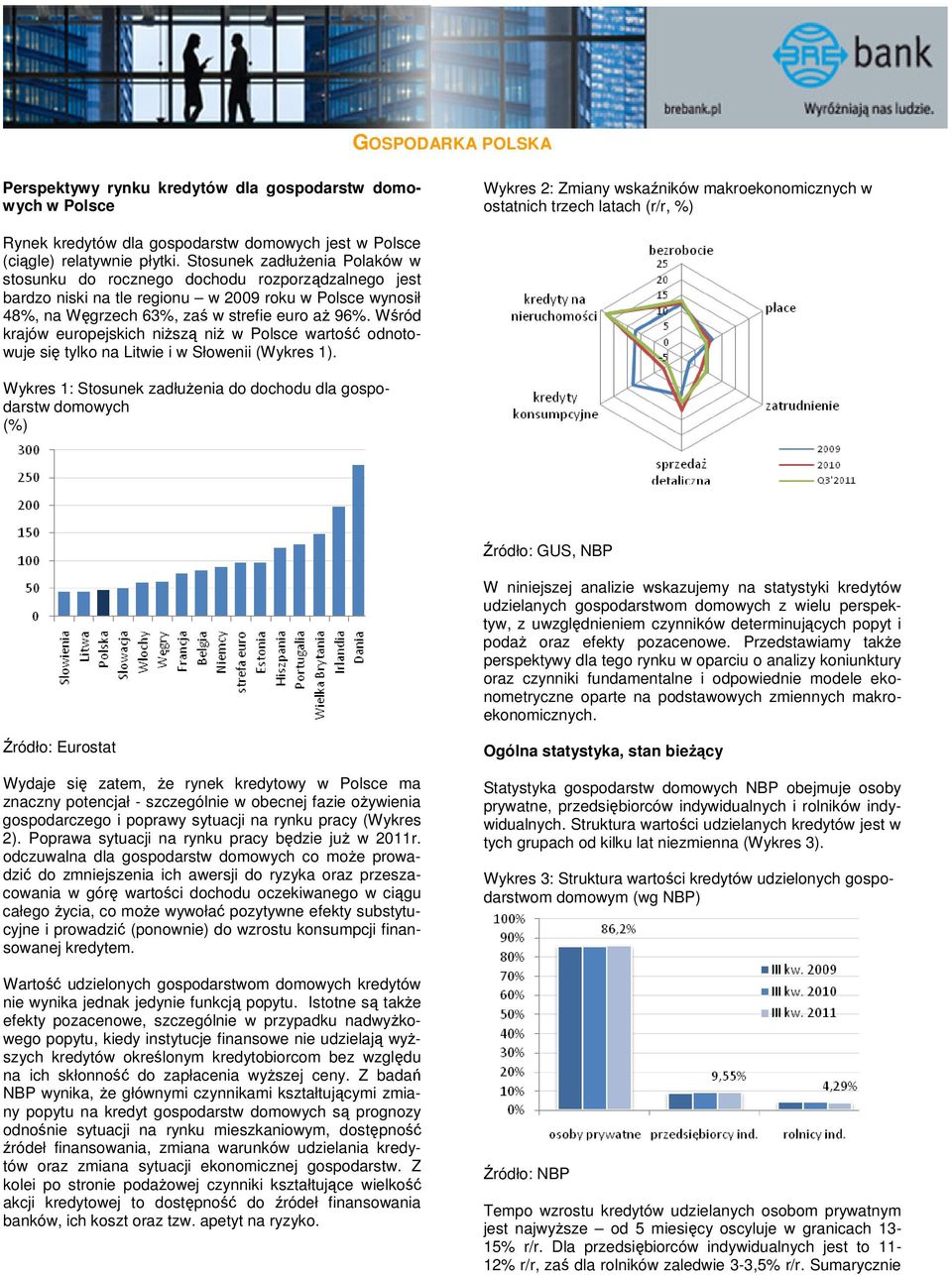 Stosunek zadłużenia Polaków w stosunku do rocznego dochodu rozporządzalnego jest bardzo niski na tle regionu w 2009 roku w Polsce wynosił 48%, na Węgrzech 63%, zaś w strefie euro aż 96%.