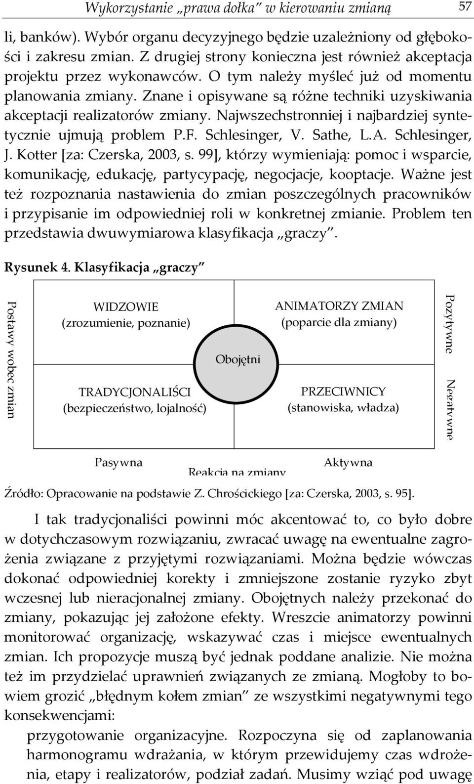 Znane i opisywane są różne techniki uzyskiwania akceptacji realizatorów zmiany. Najwszechstronniej i najbardziej syntetycznie ujmują problem P.F. Schlesinger, V. Sathe, L.A. Schlesinger, J.