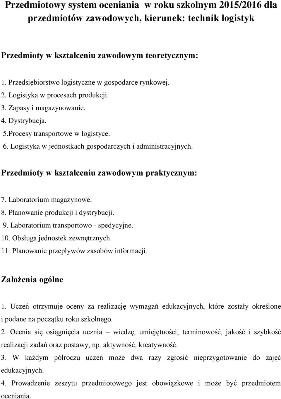 Logistyka w jednostkach gospodarczych i administracyjnych. Przedmioty w kształceniu zawodowym praktycznym: 7. Laboratorium magazynowe. 8. Planowanie produkcji i dystrybucji. 9.