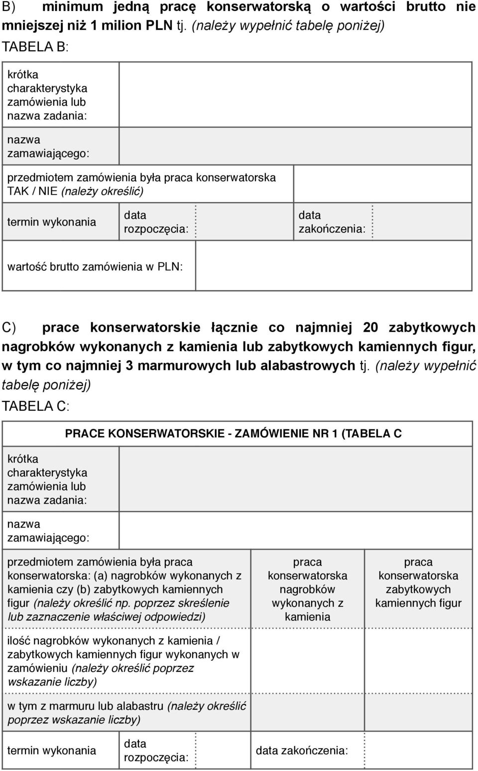 brutto zamówienia w PLN: C) prace konserwatorskie łącznie co najmniej 20 lub, w tym co najmniej 3 marmurowych lub alabastrowych tj.