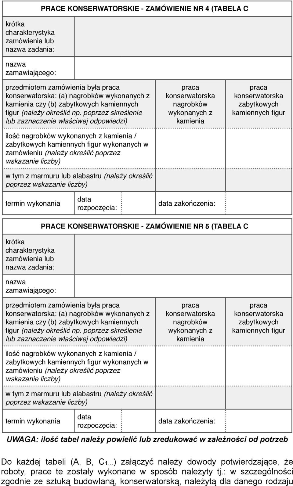 UWAGA: ilość tabel należy powielić lub zredukować w zależności od potrzeb Do każdej tabeli (A, B, C1 ) załączyć należy dowody potwierdzające,