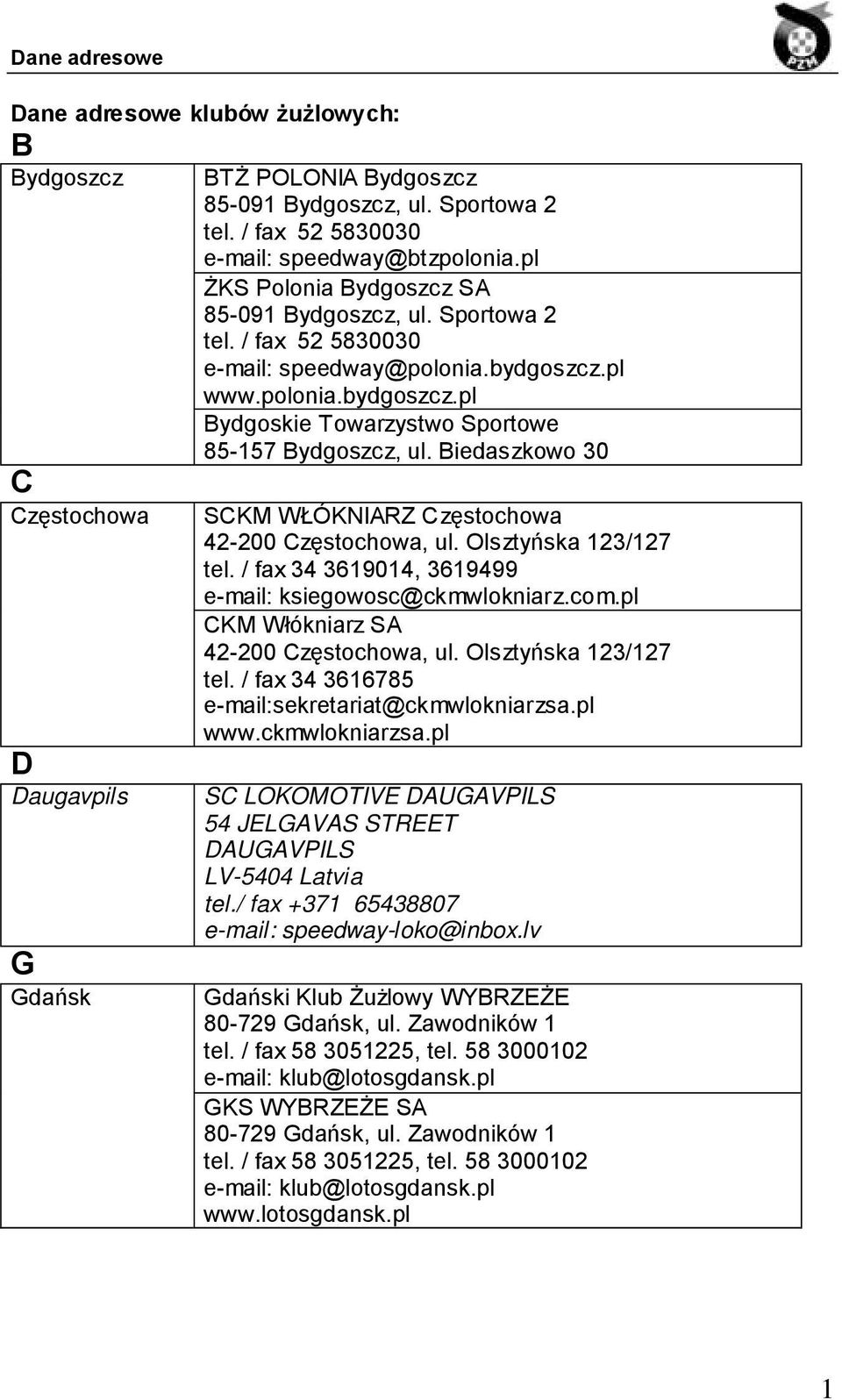 Biedaszkowo 30 SCKM WŁÓKNIARZ Częstochowa 42-200 Częstochowa, ul. Olsztyńska 123/127 tel. / fax 34 3619014, 3619499 e-mail: ksiegowosc@ckmwlokniarz.com.pl CKM Włókniarz SA 42-200 Częstochowa, ul.