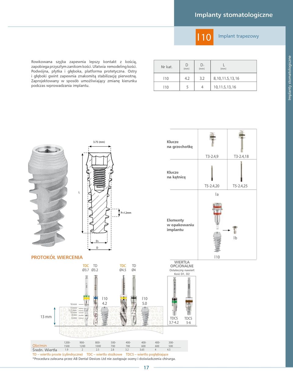Nr kat. I10 I10 4.2 5 1 3.2 4 8, 10, 11.5, 13, 10, 11.5, 13, Implanty stomatologiczne Klucze na grzechotkę T32.4,9 T32.4,18 Klucze na kątnicę T52.4,20 Ia T52.4,25 P=1.