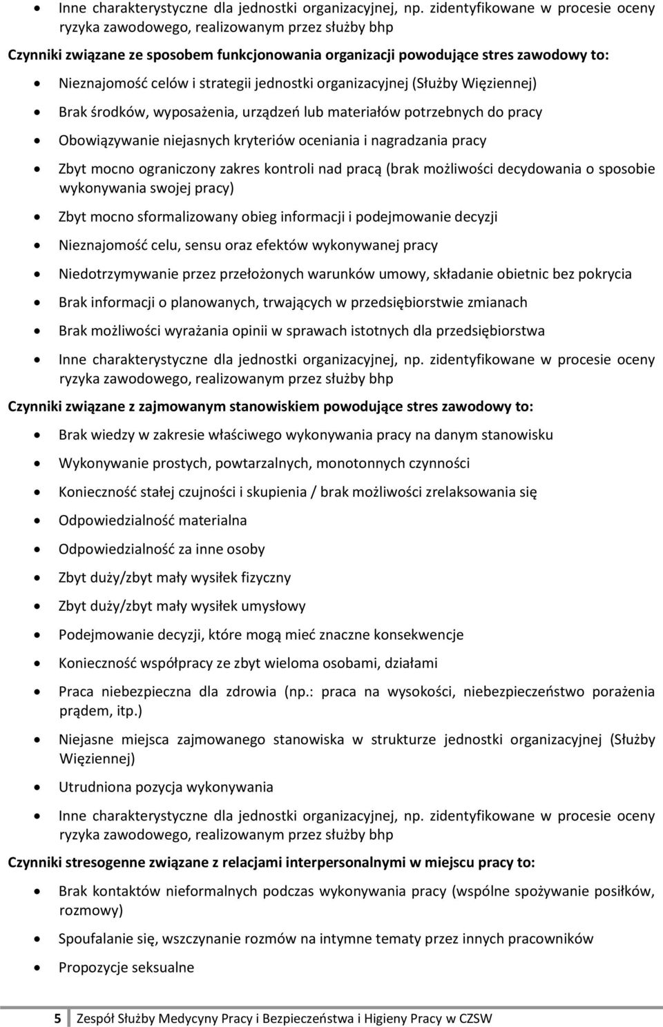 jednostki organizacyjnej (Służby Więziennej) Brak środków, wyposażenia, urządzeń lub materiałów potrzebnych do pracy Obowiązywanie niejasnych kryteriów oceniania i nagradzania pracy Zbyt mocno