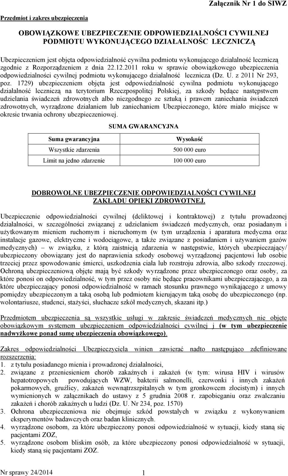 2011 roku w sprawie obowiązkowego ubezpieczenia odpowiedzialności cywilnej podmiotu wykonującego działalność lecznicza (Dz. U. z 2011 Nr 293, poz.