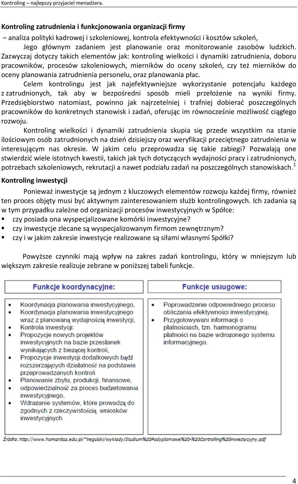 Zazwyczaj dotyczy takich elementów jak: kontroling wielkości i dynamiki zatrudnienia, doboru pracowników, procesów szkoleniowych, mierników do oceny szkoleń, czy też mierników do oceny planowania