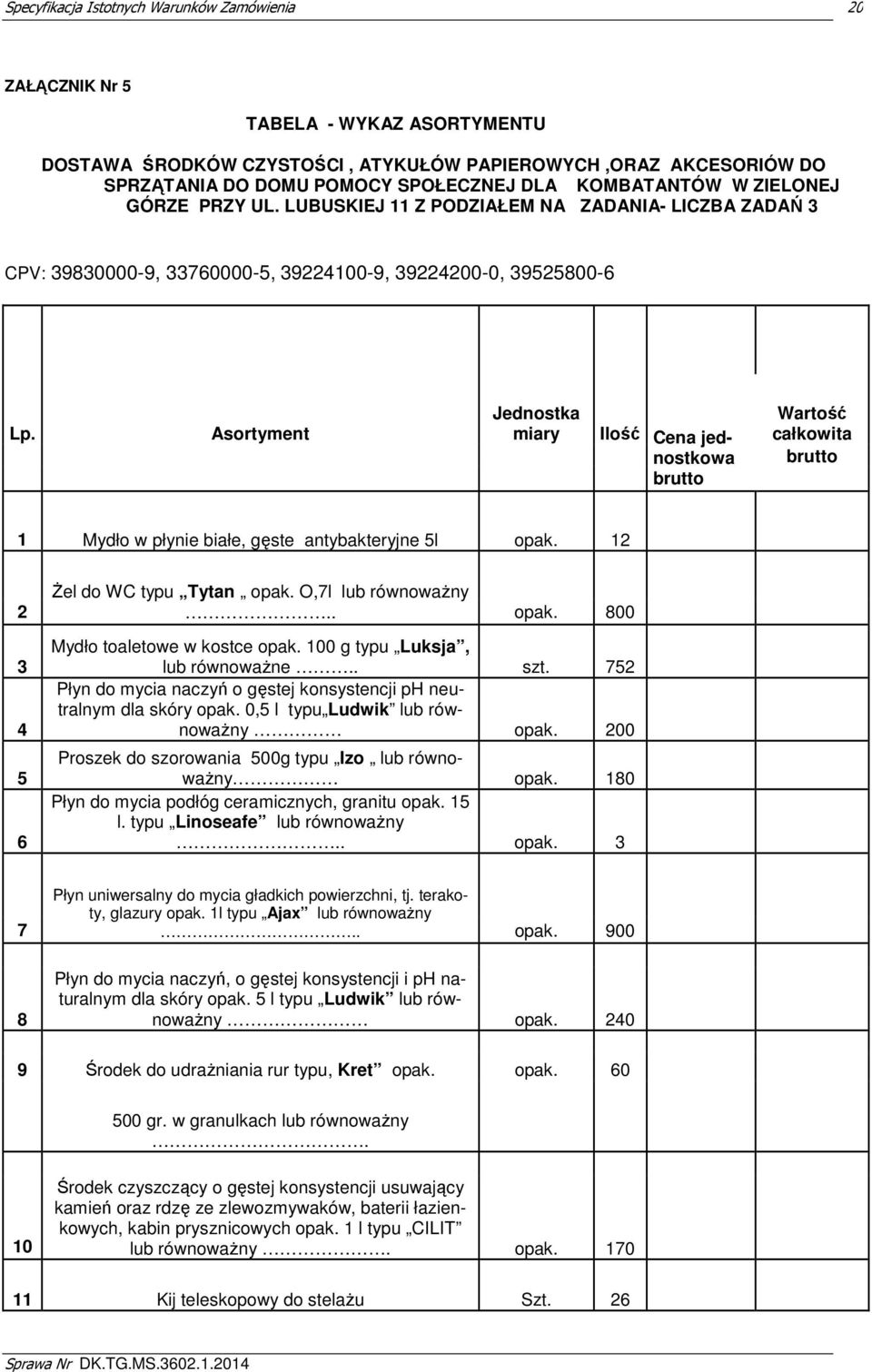Asortyment Jednostka miary Ilość Cena jednostkowa brutto Wartość całkowita brutto 1 Mydło w płynie białe, gęste antybakteryjne 5l opak. 12 2 3 4 5 6 Żel do WC typu Tytan opak. O,7l lub równoważny.