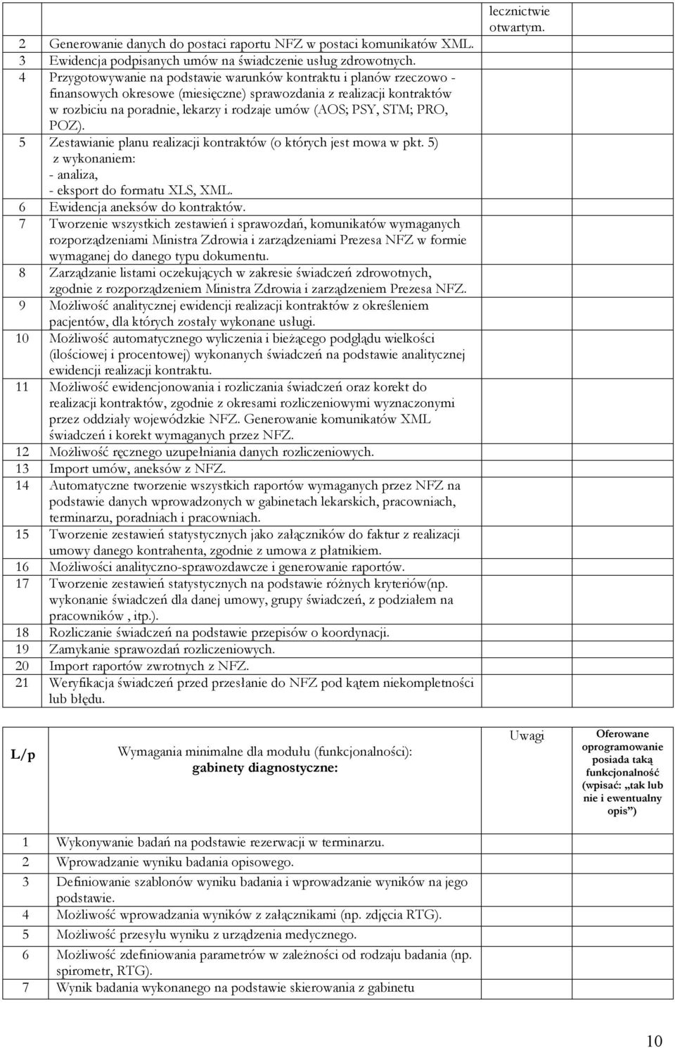 STM; PRO, POZ). 5 Zestawianie planu realizacji kontraktów (o których jest mowa w pkt. 5) z wykonaniem: - analiza, - eksport do formatu XLS, XML. 6 Ewidencja aneksów do kontraktów.