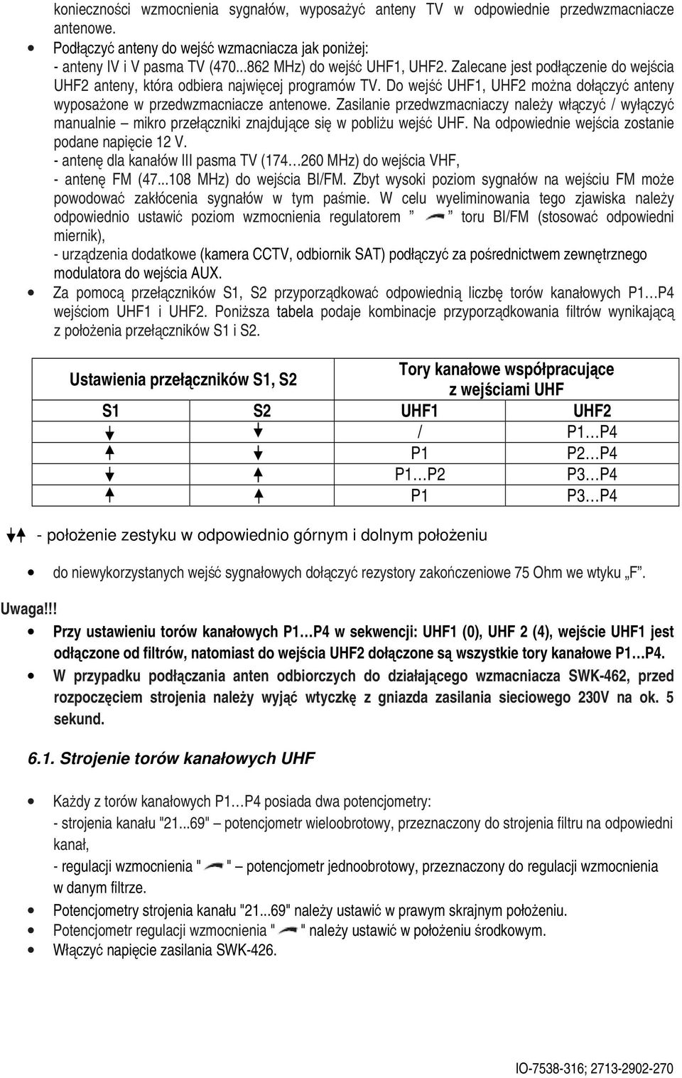 Zasilanie przedwzmacniaczy naley włczy wyłczy manualnie mikro przełczniki znajdujce si w pobliu wej UHF. Na odpowiednie wejcia zostanie podane napicie 12 V.