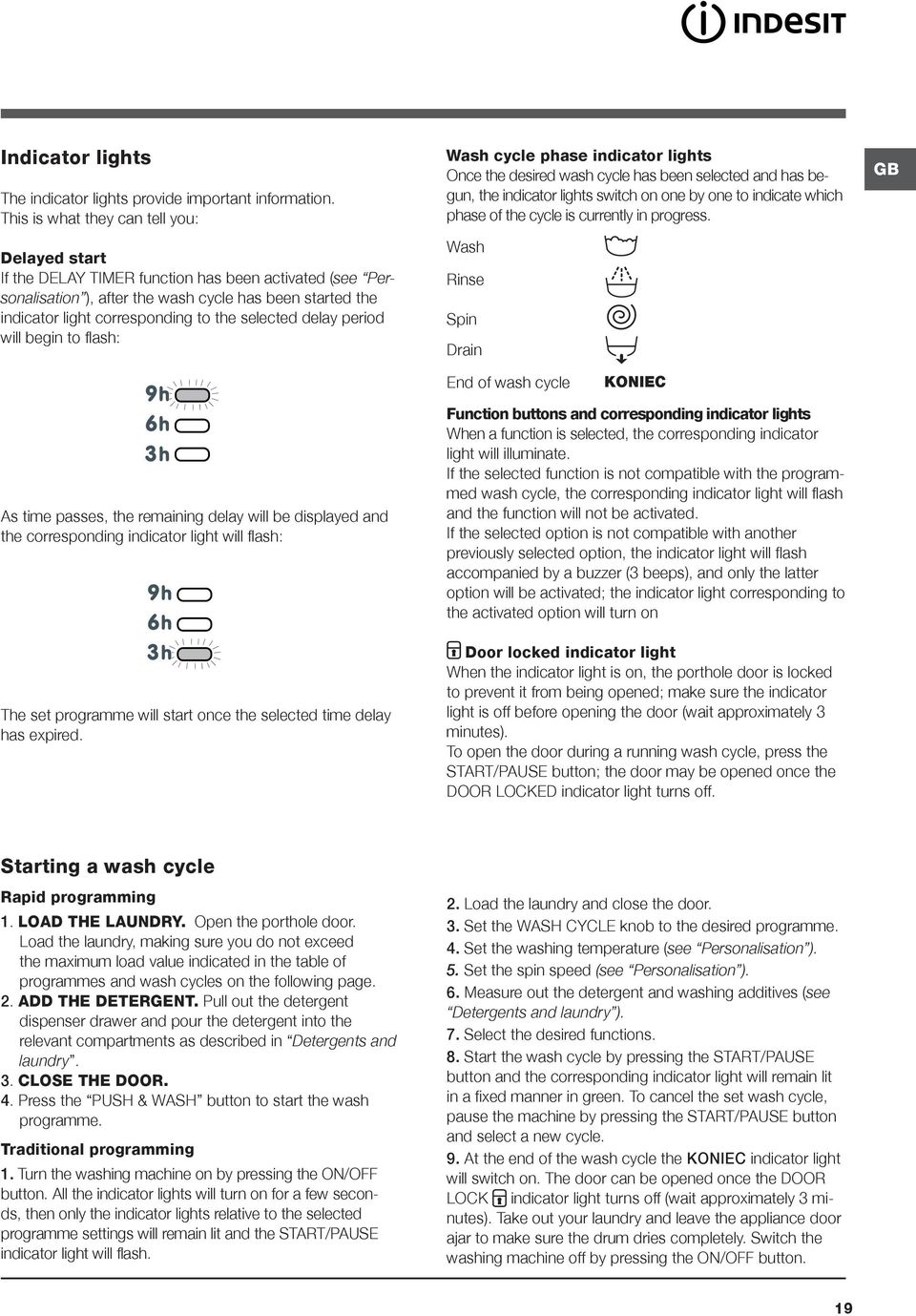 selected delay period will begin to flash: Wash cycle phase indicator lights Once the desired wash cycle has been selected and has begun, the indicator lights switch on one by one to indicate which