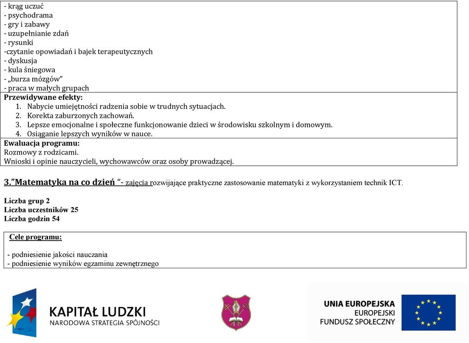 Osiąganie lepszych wyników w nauce. Ewaluacja programu: Rozmowy z rodzicami. Wnioski i opinie nauczycieli, wychowawców oraz osoby prowadzącej. 3.