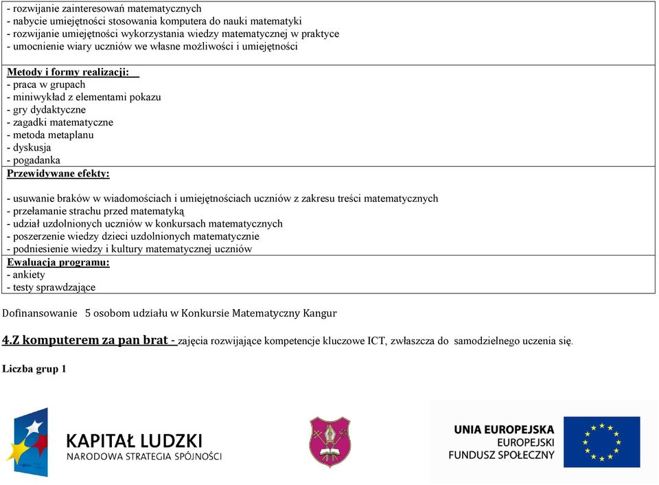 pogadanka Przewidywane efekty: - usuwanie braków w wiadomościach i umiejętnościach uczniów z zakresu treści matematycznych - przełamanie strachu przed matematyką - udział uzdolnionych uczniów w