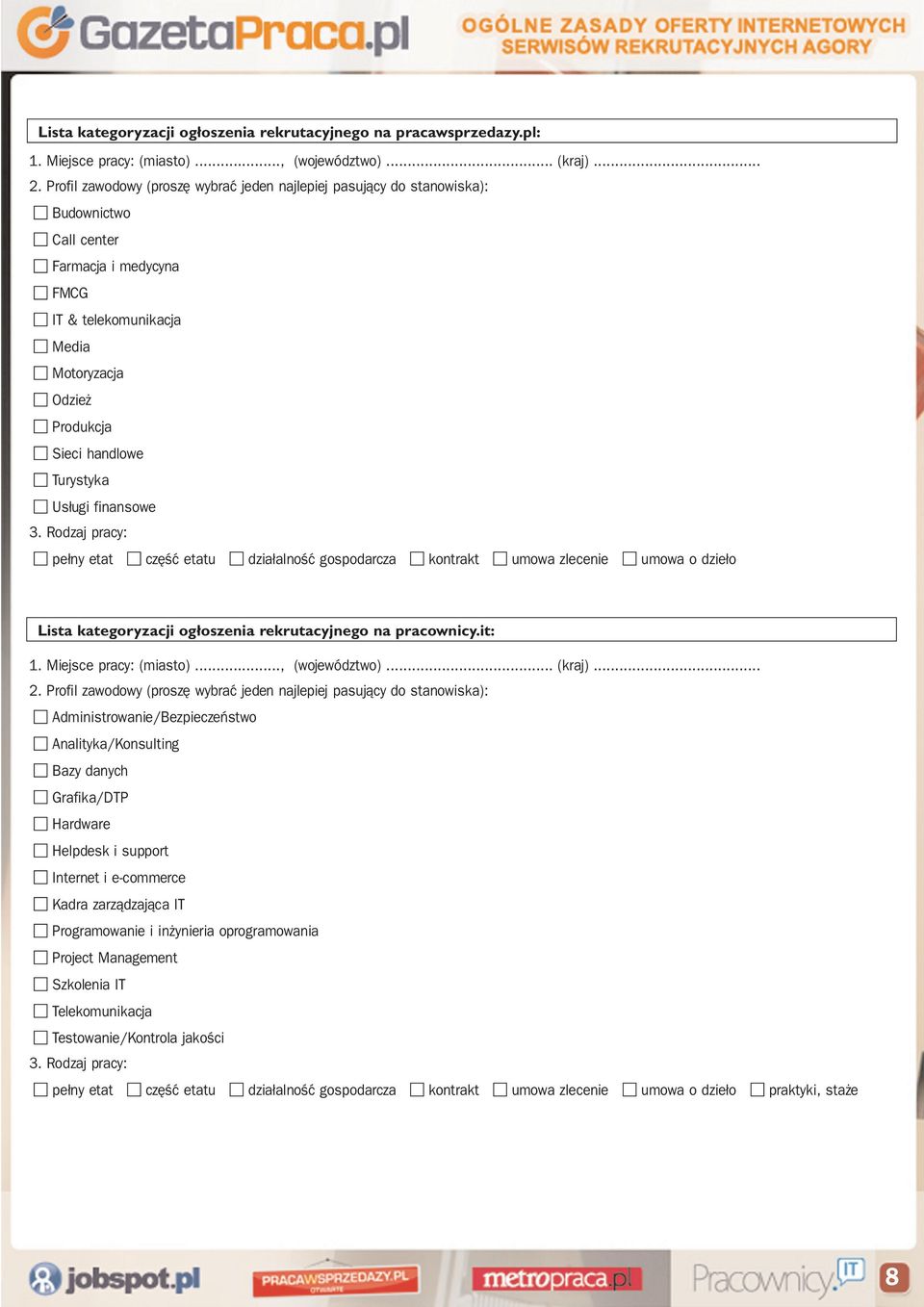 Rodzaj pracy: pełny etat część etatu działalność gospodarcza kontrakt umowa zlecenie umowa o dzieło Lista kategoryzacji ogłoszenia rekrutacyjnego na pracownicy.