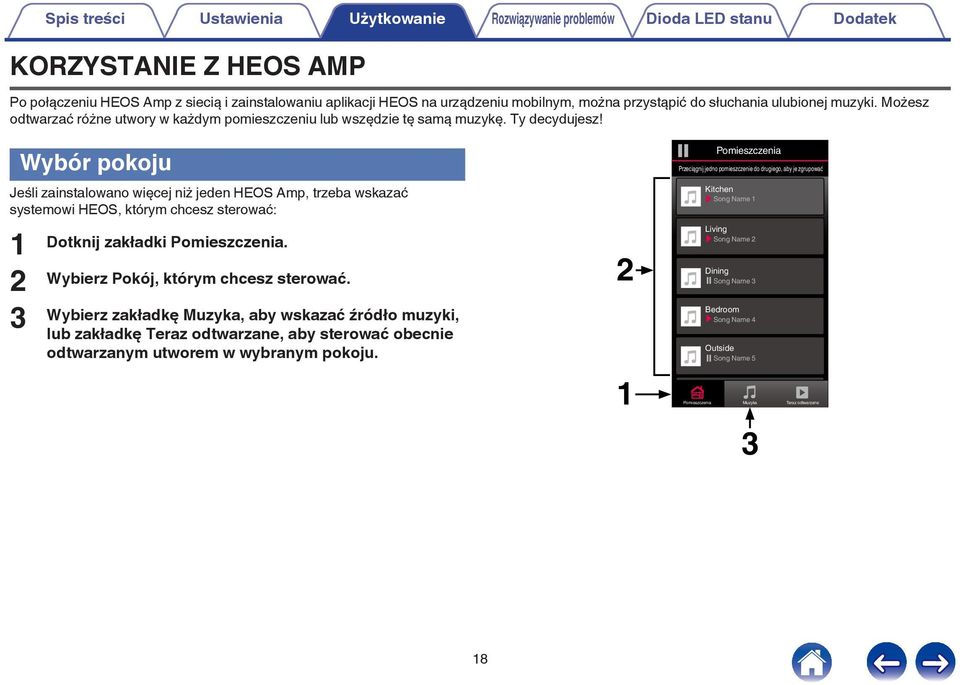 Wybór pokoju Jeśli zainstalowano więcej niż jeden HEOS Amp, trzeba wskazać systemowi HEOS, którym chcesz sterować: 2 3 Dotknij zakładki Pomieszczenia Wybierz Pokój, którym chcesz sterować Wybierz