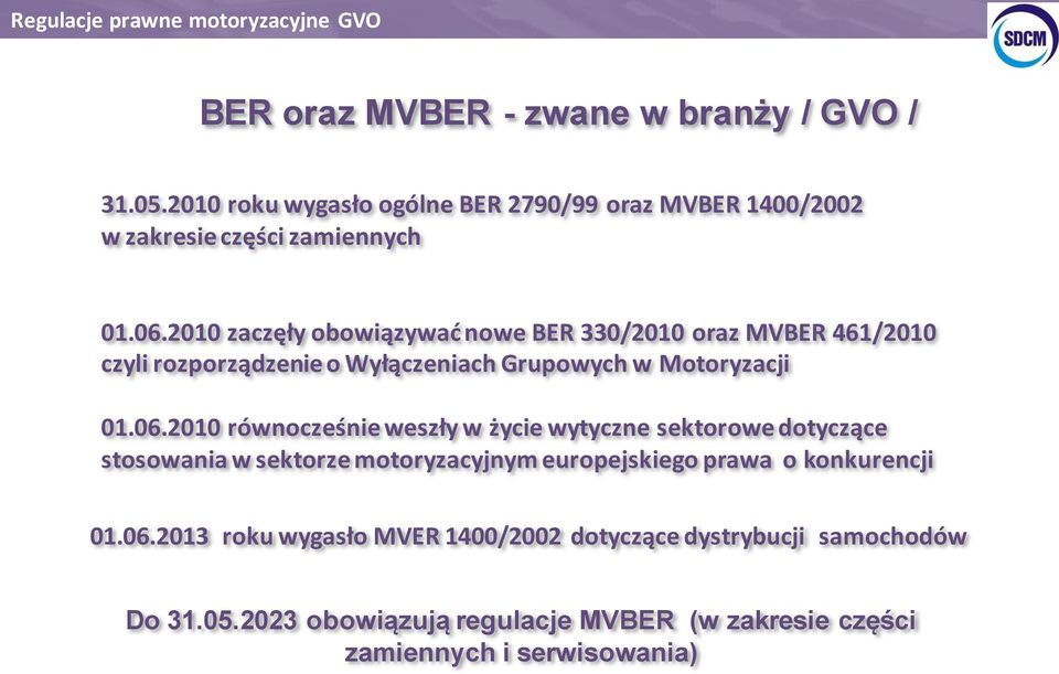 2010 zaczęły obowiązywać nowe BER 330/2010 oraz MVBER 461/2010 czyli rozporządzenie o Wyłączeniach Grupowych w Motoryzacji 01.06.