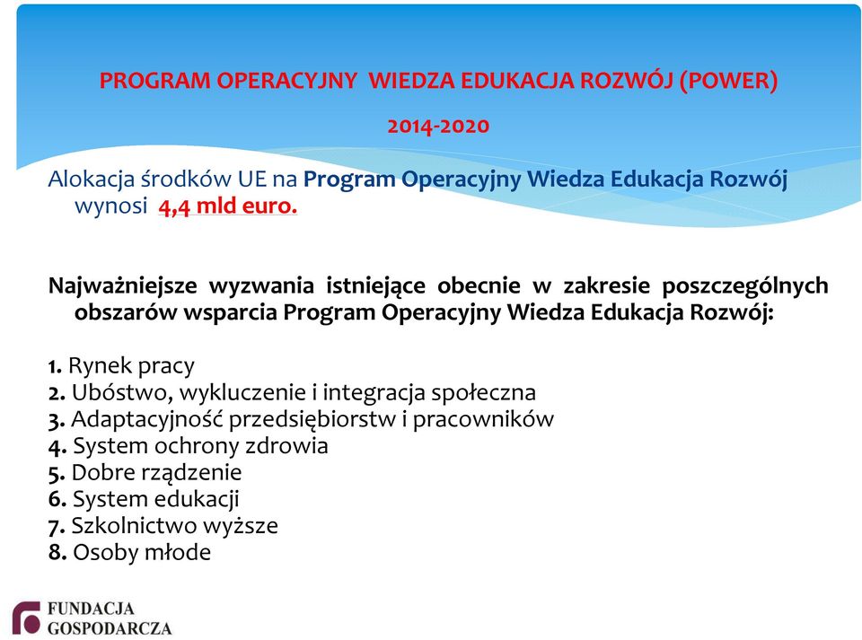 Najważniejsze wyzwania istniejące obecnie w zakresie poszczególnych obszarów wsparcia Program Operacyjny Wiedza Edukacja