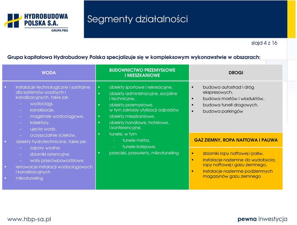 takie jak: zapory wodne, zbiorniki retencyjne, wały przeciwpowodziowe, renowacje instalacji wodociągowych i kanalizacyjnych mikrotuneling obiekty sportowe i rekreacyjne, obiekty administracyjne,