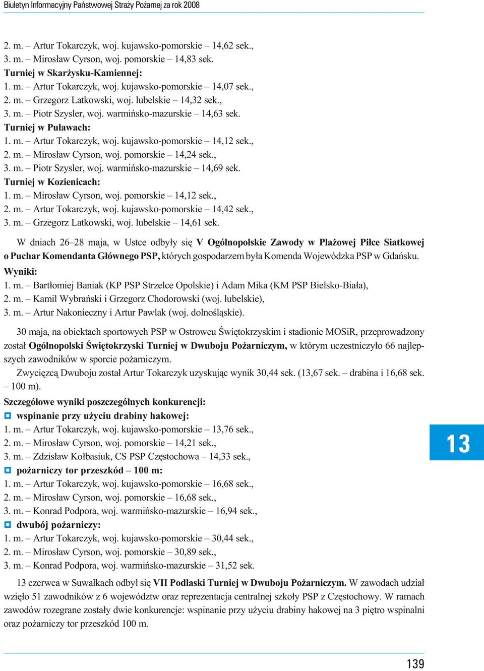 warmi ñsko- mazu r skie 14,63 sek. Turniej w Pu³awach: 1. m. Ar tur To ka r czyk, woj. kuja wsko- pomo r skie 14,12 sek., 2. m. Mi ros³aw Cy r son, woj. po mo r skie 14,24 sek., 3. m. Piotr Szy s ler, woj.