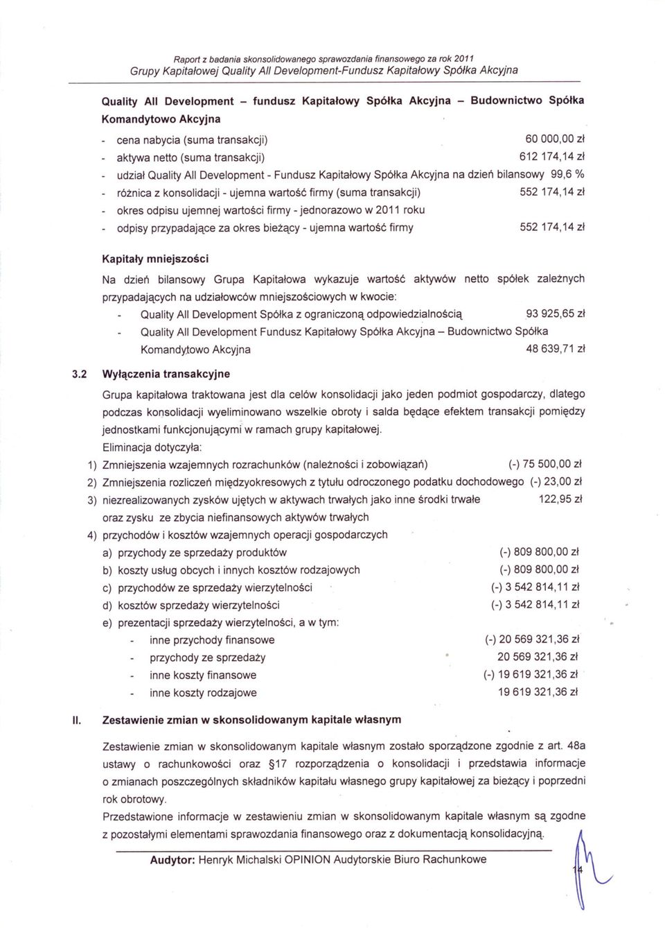 wartosci firmy - jednorazowo w 2011 roku - odpisy przypadajace za okres biezacy - ujemna wartosc firmy 552 174,14 zl Kapitaly mniejszosci Na dzien bilansowy Grupa Kapitalowa wykazuje wartosc aktywów