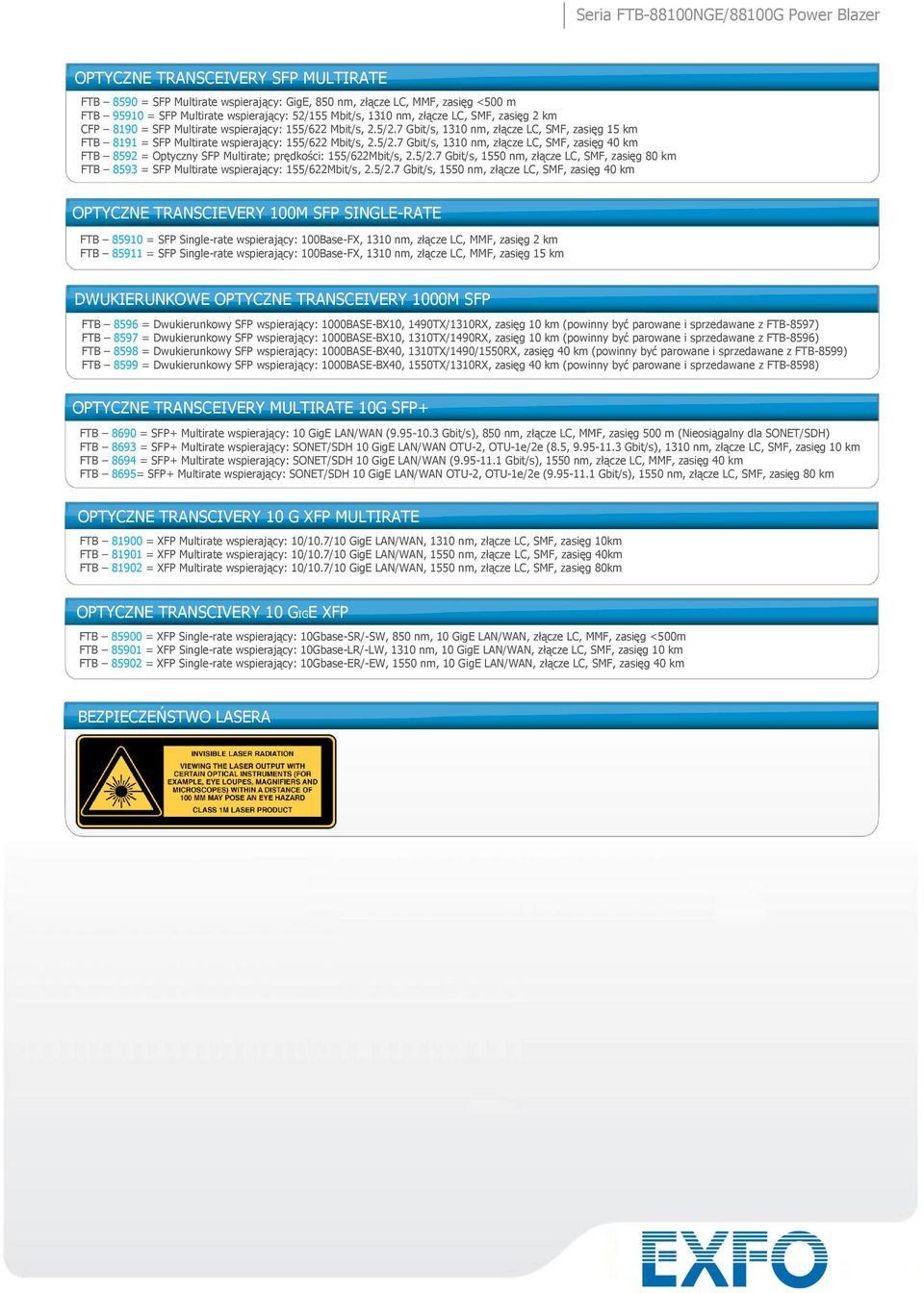 5/2.7 Gbit/s, 1550 nm, złącze LC, SMF, zasięg 80 km FTB 8593 = SFP Multirate wspierający: 155/622Mbit/s, 2.5/2.7 Gbit/s, 1550 nm, złącze LC, SMF, zasięg 40 km OPTYCZNE TRANSCIEVERY 100M SFP