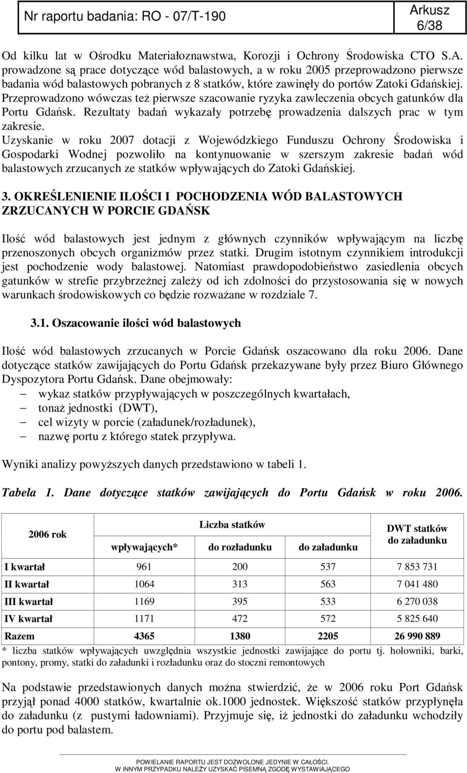Przeprowadzono wówczas też pierwsze szacowanie ryzyka zawleczenia obcych gatunków dla Portu Gdańsk. Rezultaty badań wykazały potrzebę prowadzenia dalszych prac w tym zakresie.