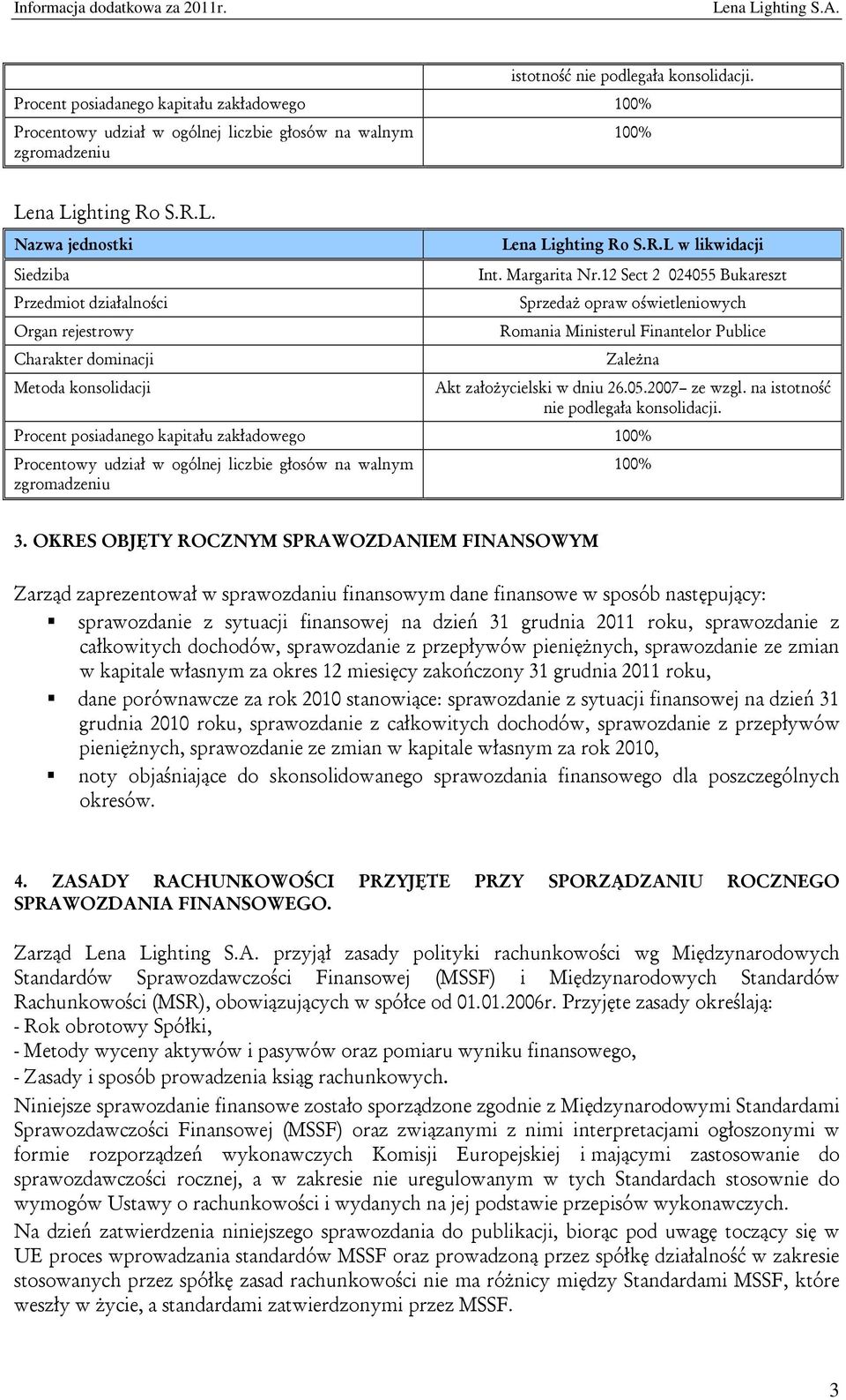 12 Sect 2 024055 Bukareszt Sprzedaż opraw oświetleniowych Romania Ministerul Finantelor Publice Zależna Akt założycielski w dniu 26.05.2007 ze wzgl. na istotność nie podlegała konsolidacji.