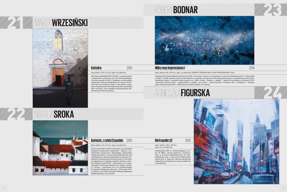 Przewód doktorski realizowany był w gdańskiej ASP. Od 2005 r. jest członkiem stowarzyszenia Obserwatorium Rzeczywistości. Milky way impressions I 2014 akryl, płótno, 60 x 120 cm, sygn.