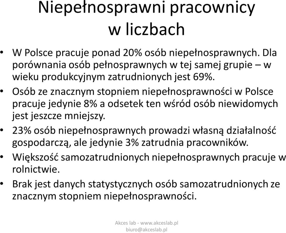 Osób ze znacznym stopniem niepełnosprawności w Polsce pracuje jedynie 8% a odsetek ten wśród osób niewidomych jest jeszcze mniejszy.