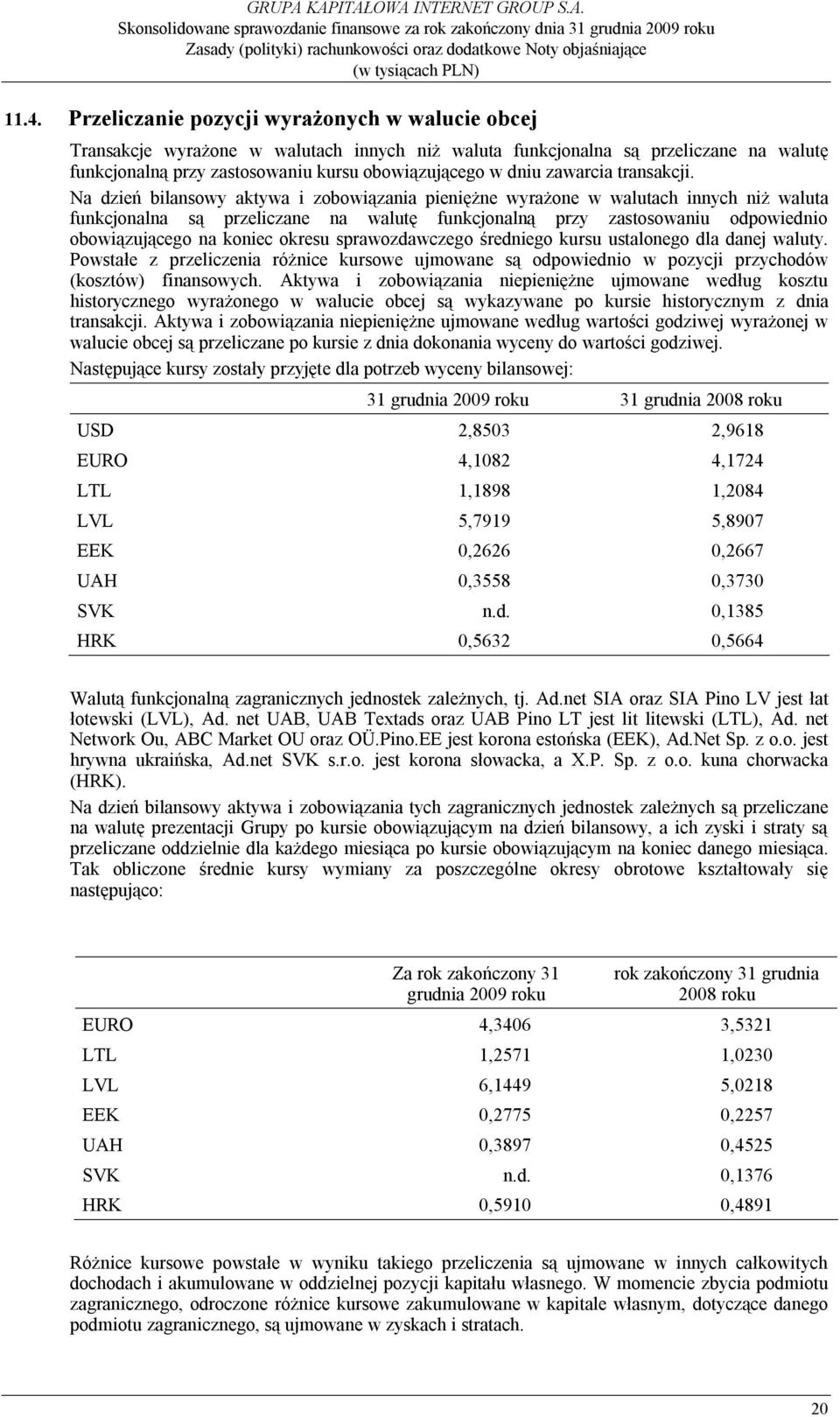 Na dzień bilansowy aktywa i zobowiązania pieniężne wyrażone w walutach innych niż waluta funkcjonalna są przeliczane na walutę funkcjonalną przy zastosowaniu odpowiednio obowiązującego na koniec