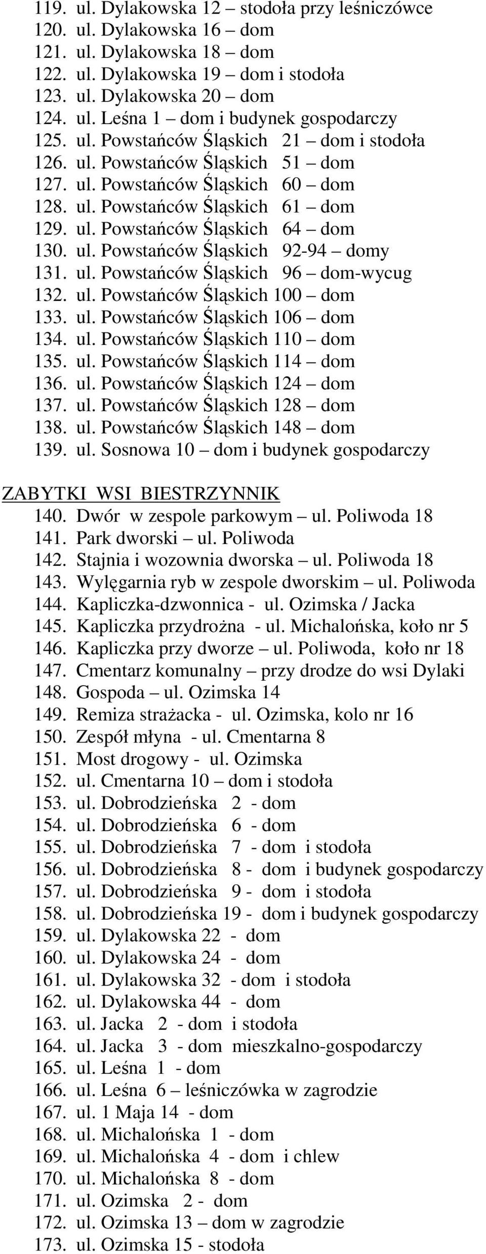 ul. Powstańców Śląskich 96 dom-wycug 132. ul. Powstańców Śląskich 100 dom 133. ul. Powstańców Śląskich 106 dom 134. ul. Powstańców Śląskich 110 dom 135. ul. Powstańców Śląskich 114 dom 136. ul. Powstańców Śląskich 124 dom 137.