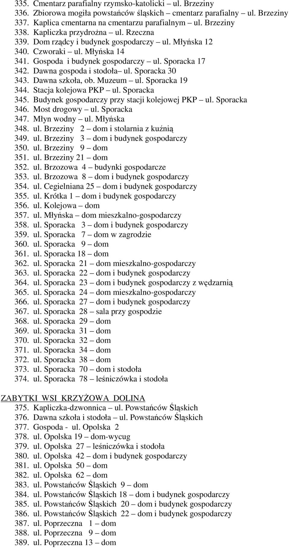 Sporacka 30 343. Dawna szkoła, ob. Muzeum ul. Sporacka 19 344. Stacja kolejowa PKP ul. Sporacka 345. Budynek gospodarczy przy stacji kolejowej PKP ul. Sporacka 346. Most drogowy ul. Sporacka 347.