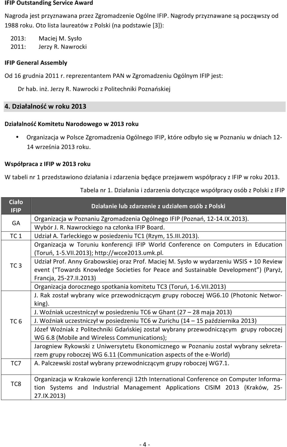 Działalność w roku 2013 Działalność Komitetu Narodowego w 2013 roku Organizacja w Polsce Zgromadzenia Ogólnego IFIP, które odbyło się w Poznaniu w dniach 12 14 września 2013 roku.