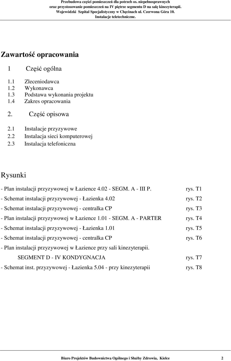 T2 - Sche instalacji przyzywowej - centralka CP rys. T3 - Plan instalacji przyzywowej w Łazience 1.01 - SEGM. A - PARTER rys. T4 - Sche instalacji przyzywowej - Łazienka 1.01 rys.