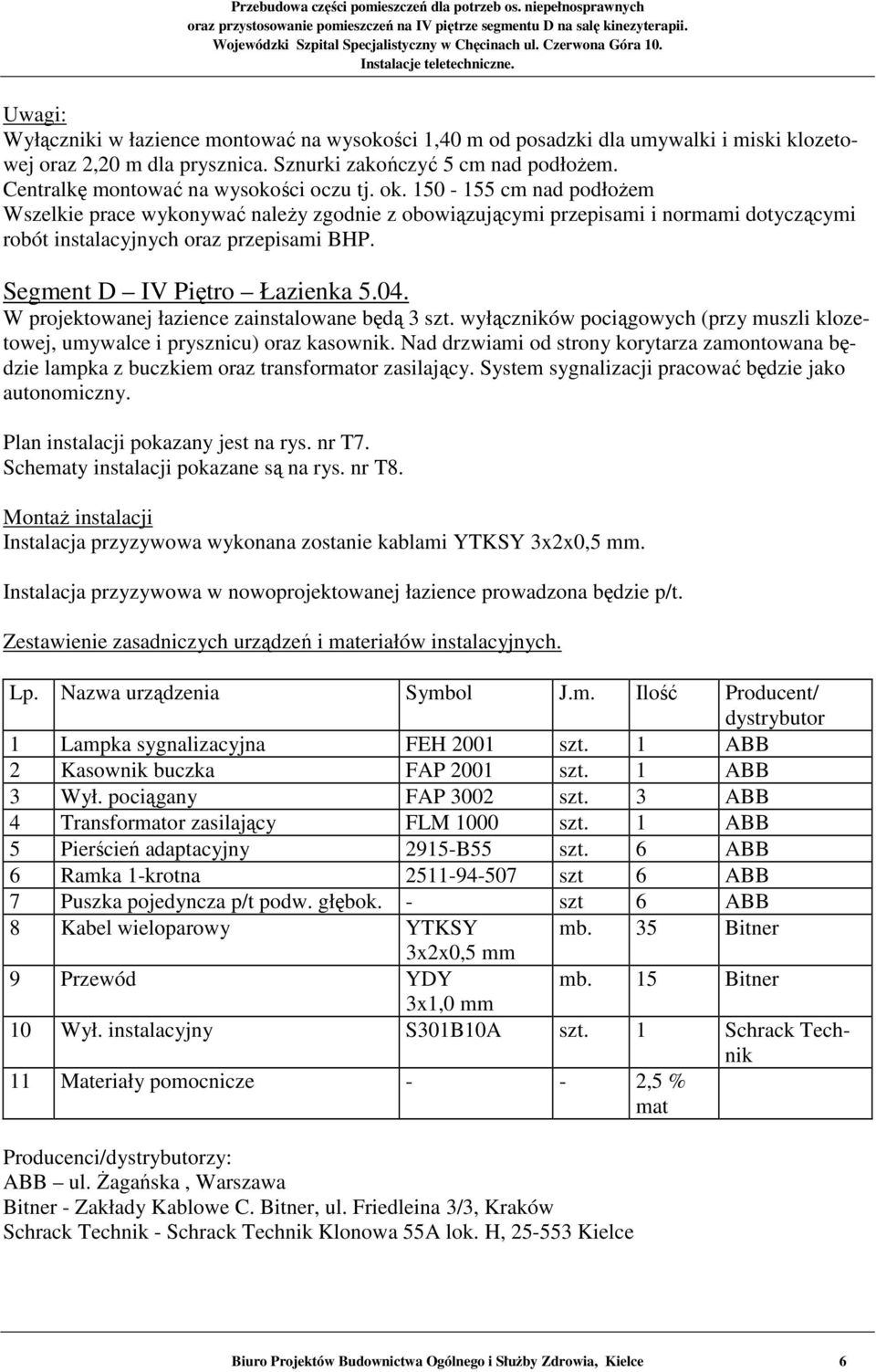 Nad drzwiami od strony korytarza zamontowana będzie lampka z buczkiem oraz transforor zasilający. System sygnalizacji pracować będzie jako autonomiczny. Plan instalacji pokazany jest na rys. nr T7.