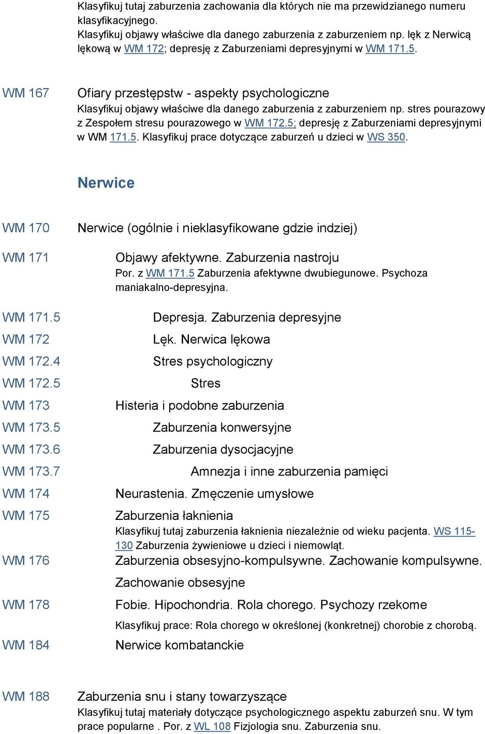 stres pourazowy z Zespołem stresu pourazowego w WM 172.5; depresję z Zaburzeniami depresyjnymi w WM 171.5. Klasyfikuj prace dotyczące zaburzeń u dzieci w WS 350. Nerwice WM 170 WM 171 WM 171.