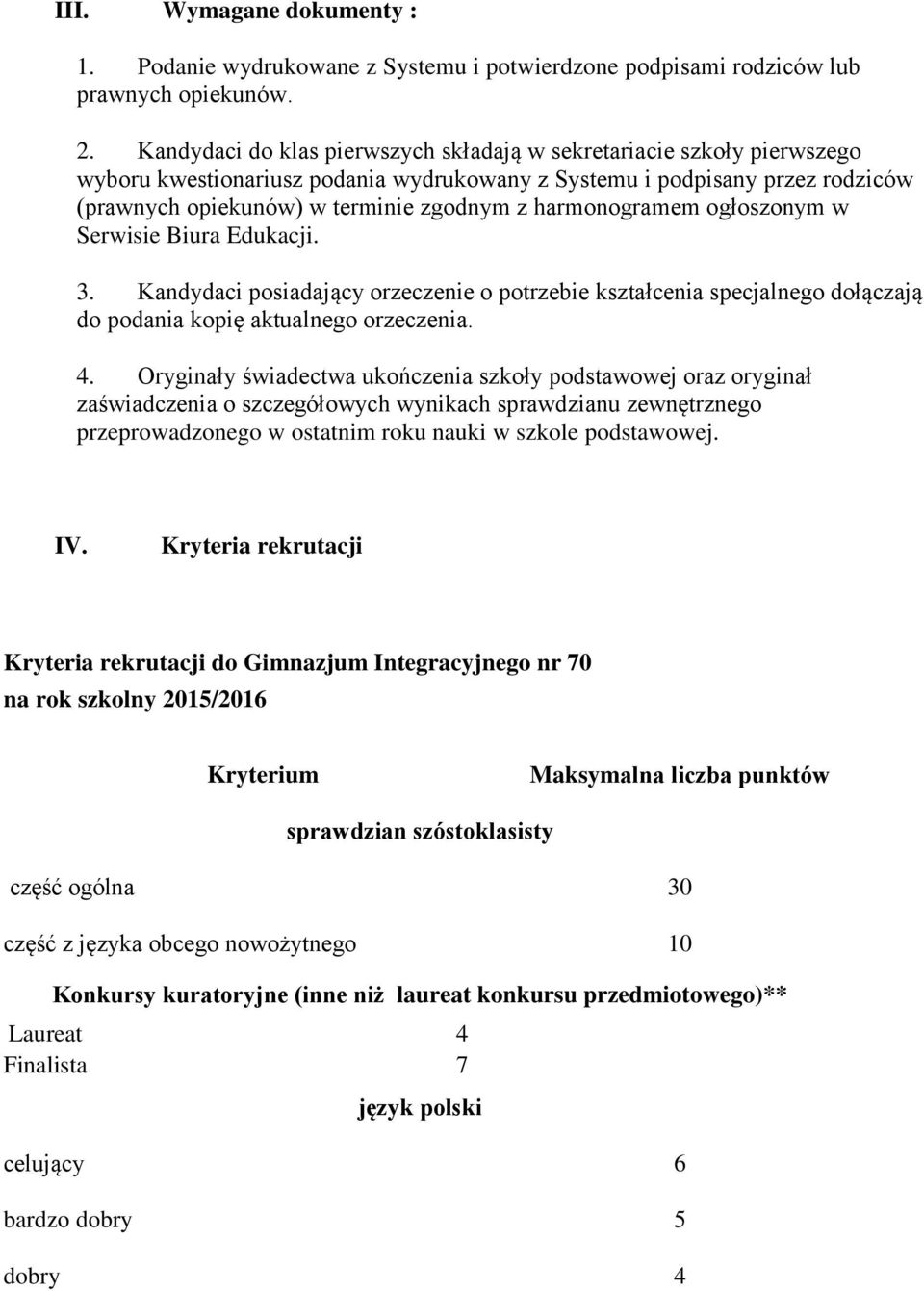 harmonogramem ogłoszonym w Serwisie Biura Edukacji. 3. Kandydaci posiadający orzeczenie o potrzebie kształcenia specjalnego dołączają do podania kopię aktualnego orzeczenia. 4.