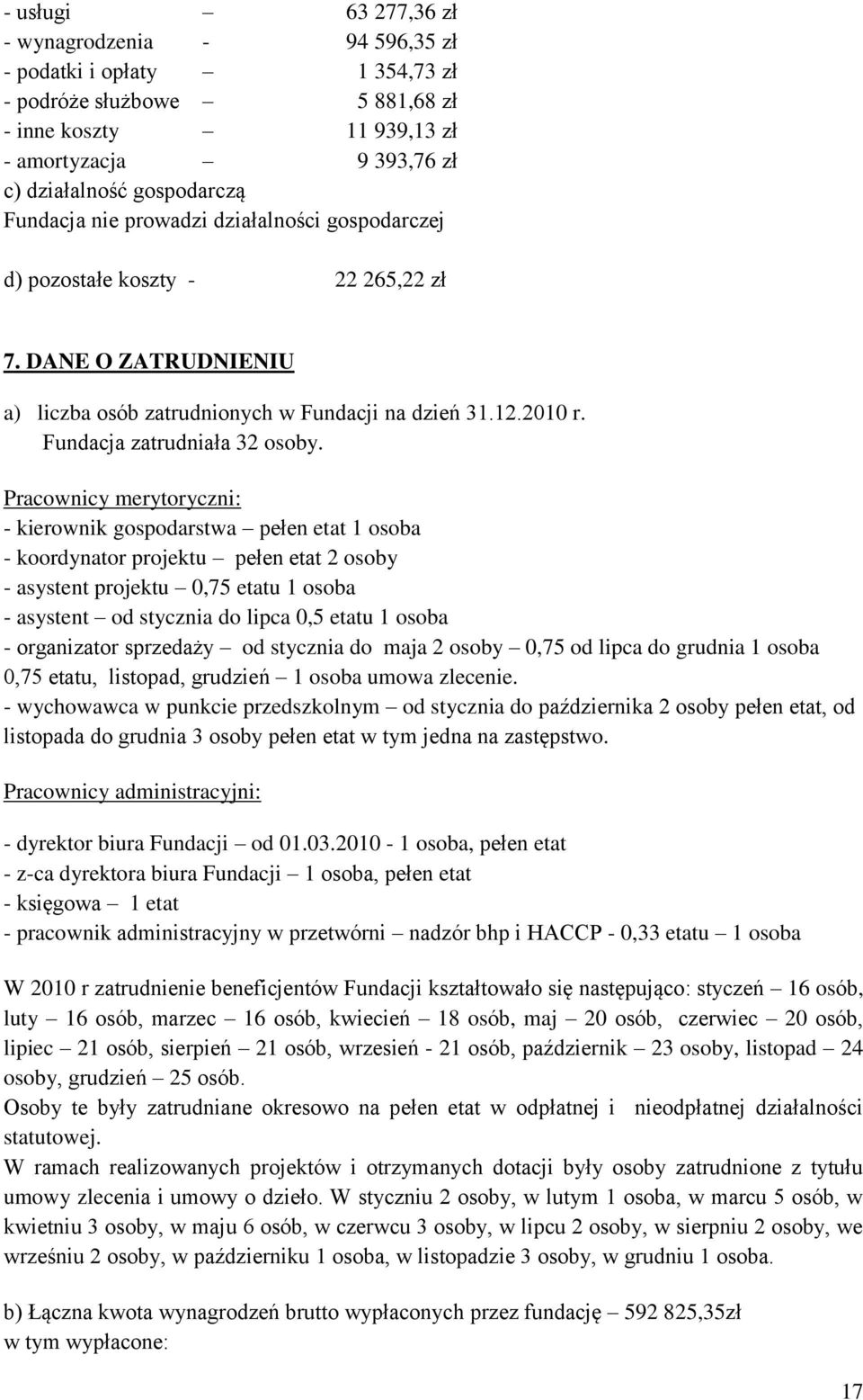 Pracownicy merytoryczni: - kierownik gospodarstwa pełen etat 1 osoba - koordynator projektu pełen etat 2 osoby - asystent projektu 0,75 etatu 1 osoba - asystent od stycznia do lipca 0,5 etatu 1 osoba