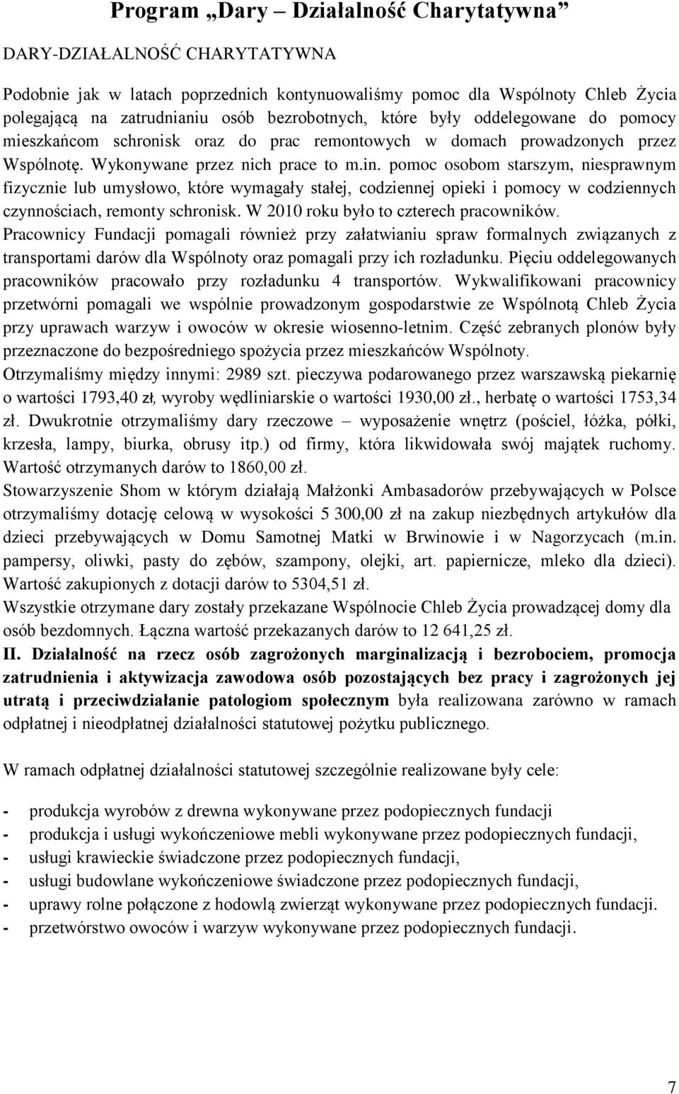 pomoc osobom starszym, niesprawnym fizycznie lub umysłowo, które wymagały stałej, codziennej opieki i pomocy w codziennych czynnościach, remonty schronisk. W 2010 roku było to czterech pracowników.